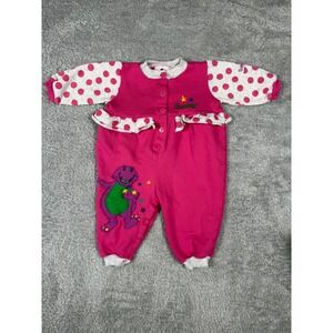 Barney Romper Baby Girl 12M Pink 1992 Vintage‎ Polka Dot Ruffle Jumpsuit 90s TV